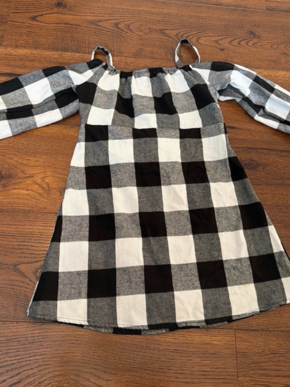 Girls Black and White Buffalo Check Off-Shoulder Dress